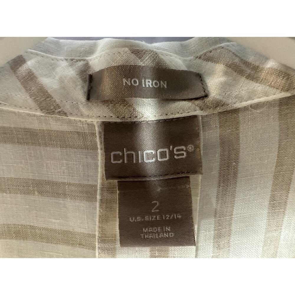Chicos Womens Sz 2 L Beige Stripe Linen Button Up No Iron Tunic Top 3/4 Sleeve - Picture 3 of 10